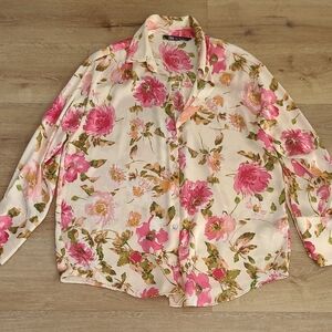 Zara Pink and Green Floral Shirt Size L